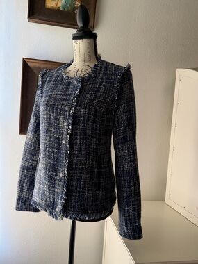 Classic Navy Tweed Fringe-Trim Jacket.